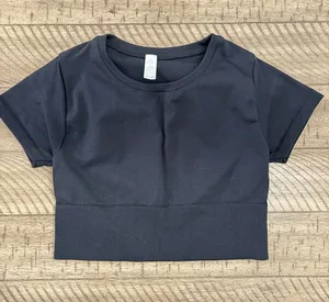 Black Crop Top Short Sleeve Ribbed Hem thumbnail 1