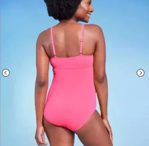 Isabel Maternity One Piece Swimsuit LARGE Pink Ruffle Plunge Padded Ruched Beach thumbnail 3