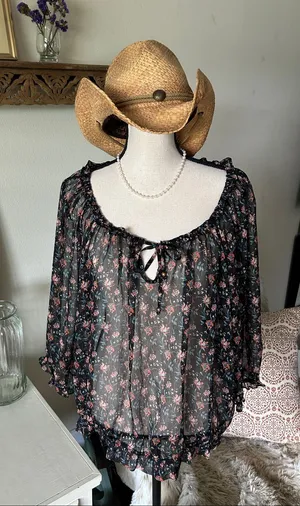 Natural life, black sheer floral BoHo cottage peasant, 3/4 sleeve blouse top XL thumbnail 1