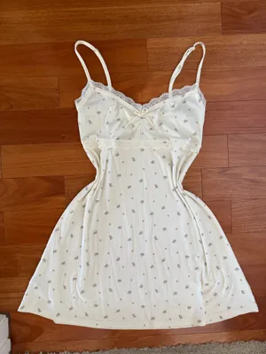 Coquette Dainty Cream Lace Trim Mini Floral Rosette Bow Mini Dress thumbnail 1