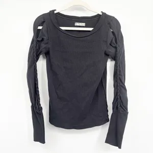 We The Free Free People Womens Black Daisy Chain Cuff Edgy Ribbed Blouse‎ Size S thumbnail 3