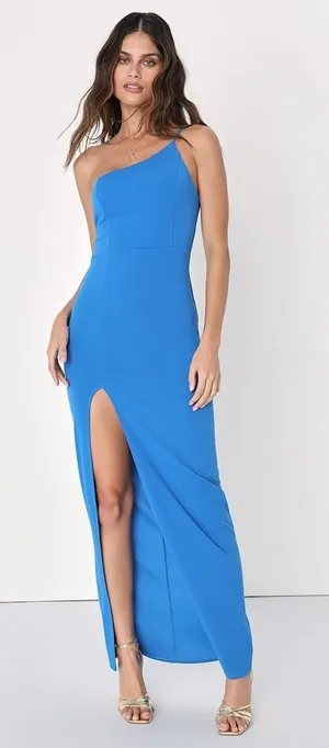 NWT Lulus Keeper of My Heart Blue One-Shoulder Maxi Dress Holiday Party Size S thumbnail 1