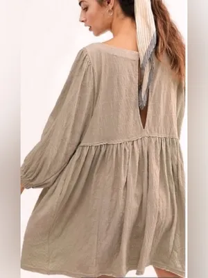 Free People FP Beach Get Obsessed Babydoll Mini‎ Dress Tan Size S thumbnail 3