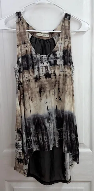 Shanley neutral tie dyed racerback sheer lightweight stretch high low tank top L thumbnail 1