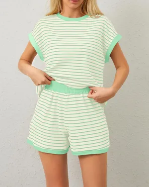 Women’s summer 2 piece lounge sets striped set Green thumbnail 2