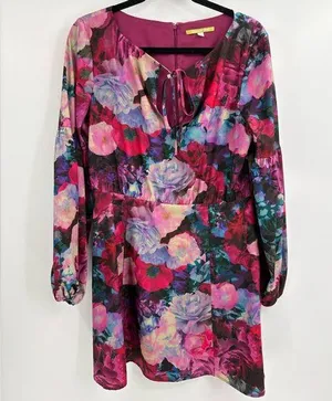 Gianni Bini Floral Dress Lined Balloon Sleeves Flirty Tie Front Keyhole medium thumbnail 1
