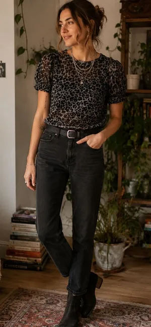 Pilcro Anthropologie Bennie Slim Cotton‎ Slub Burnout Leopard Print Tee Puff XS thumbnail 1