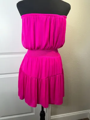 Naked Zebra Hot Pink Strapless Tiered Smocked Mini Dress thumbnail 6