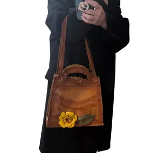 1970s Brown Tooled Leather Sculpted 3D Flower Boho Artisan Shoulder Bag thumbnail 2