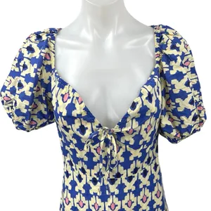 Zara Blue White Printed Short Puff Sleeve Smocked V-Neck Midi A-line Dress Sz L thumbnail 7