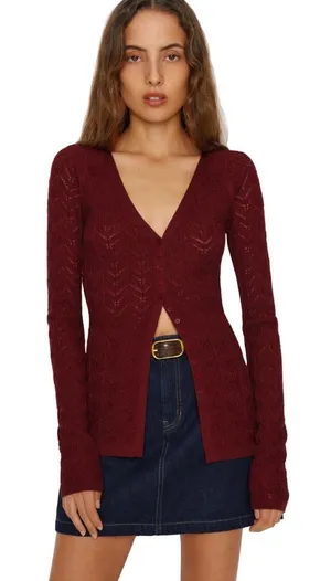 Reformation V- Neck Button Front Pointelle Cardigan Sweater - Burgundy size S thumbnail 1