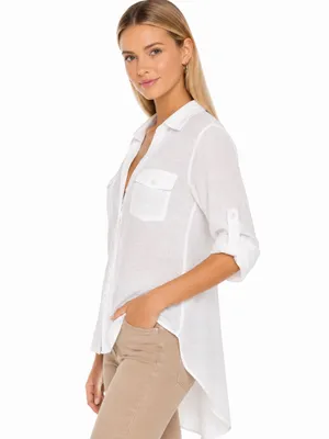 a.n.a White Button Down High Low Roll Tab Sleeve Utility Blouse Shirt Small thumbnail 2