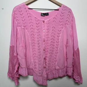 VTG 90s Women Indie Fairy‎ Embroidered Crochet Top XL Pink Flare Western Boho thumbnail 2