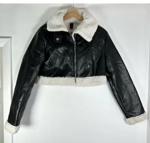 Cider Vegan Leather Shearling Collared Cropped Jacket S thumbnail 2