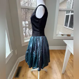 Vintage 80’s Black Teal Satin One Shoulder Prom Dress Sz Small thumbnail 3