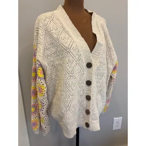 POL Women Cream Pointelle Knit BoHo Cardigan Crochet Granny Square Sleeve Large thumbnail 2