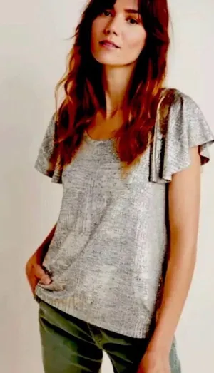 By Anthropologie Shimmer Knit Flutter Sleeve Metallic Top Silver XL thumbnail 1