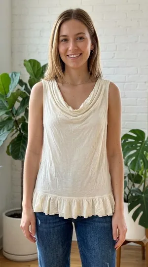 Banana Republic Womens Cream Rayon Cowl Neck Ruffle Hem Tank Top Small 858926-00 thumbnail 1