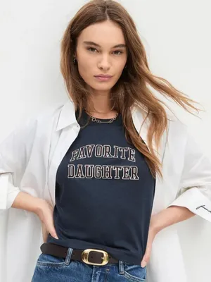 FAVORITE DAUGHTER (NWT) Cropped Collegiate Graphic Tee, Navy Burgundy, Size S thumbnail 1