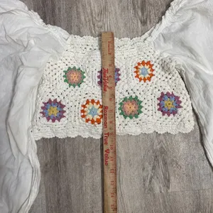 Aerie Crochet Granny Square Balloon Sleeve‎ Boho Crop Top White Size Small thumbnail 4
