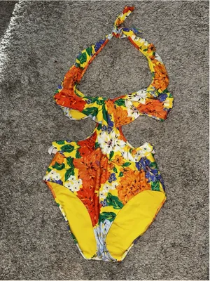 Aerie Yellow Floral Monokini Floral Ruffle Halter One Piece Swimsuit Large thumbnail 6