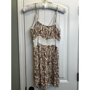 Justify XL Cream Brown Paisley Rayon Crochet Waist Sleeveless Boho Jumper Dress thumbnail 14