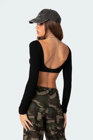 Edikted Sydney Ribbed Open Back Crop Top Black thumbnail 4