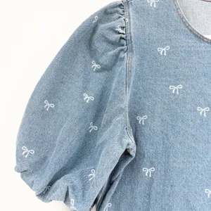 She + Sky Womens Bow Print Tiered Puff Sleeve Babydoll Denim Mini‎ Dress Size M thumbnail 4