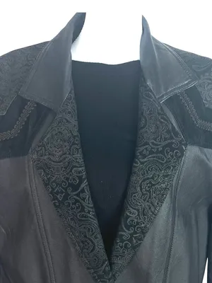 VTG 80s Black Leather Long Trench Duster Coat M Intricate Burnout Suede thumbnail 3
