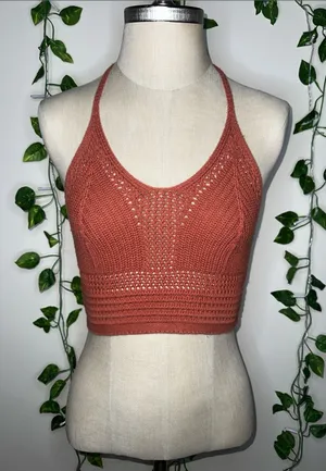 Aerie Burnt Orange Crochet Halter Top Backless Tie Neck thumbnail 1