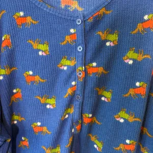 Aerie Womens Cotton Blend Waffle Knit Henley XL Blue Dachshund Dog Print Top thumbnail 5