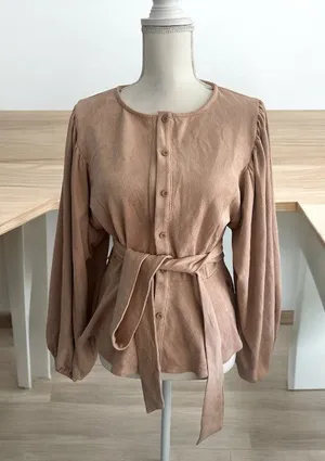 VICI Beige Button Down Faux Suede Belted Long Sleeve Top Sz Large thumbnail 1