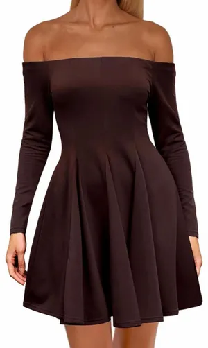 NEW Brown Off The Shoulder Long Sleeve A Line Pleated Mini Dress S thumbnail 1