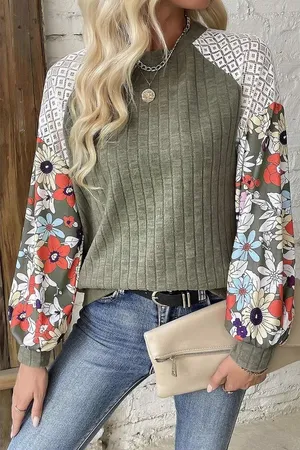 Olive Green Floral Patchwork Blouse Ribbed Lace Balloon Sleeve Whimsigoth XL thumbnail 1