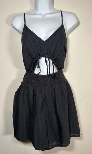 American Eagle Romper Black Gauze Cutout Tie Front Pockets Casual Medium Tall thumbnail 1