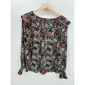 Loft Women Blouse Black Floral Ruffle Sheer Size Medium Dark Feminine‎ Smocked thumbnail 2