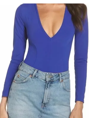 Free People‎ V-Neck Long Sleeve Bodysuit Women's Size M Blue Layering Essential thumbnail 1