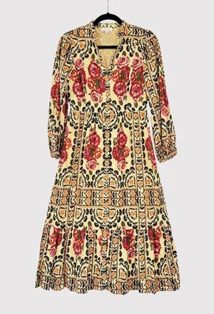 A Loves A Womens Dress Brown Vintage Floral Split V Neck Midi A Line Boho XS thumbnail 2