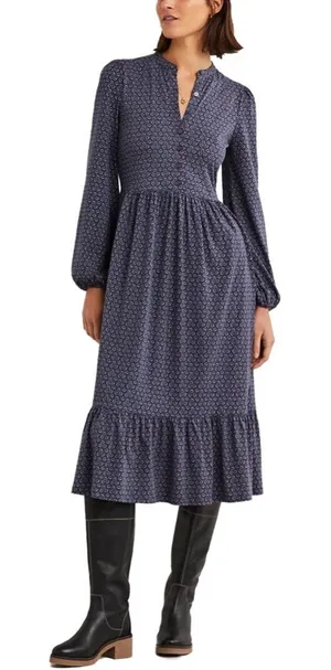 Boden Buttoned Jersey Midi Dress Navy Diamond Bud Tiered Cottagecore Size 8P thumbnail 1