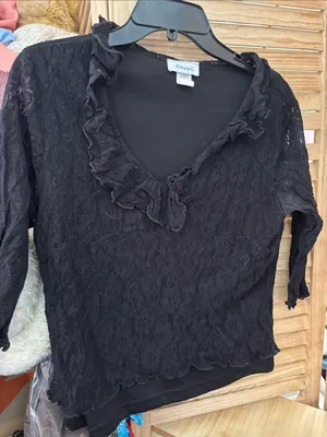 Biaggi Black Lace Ruffle V-Neck Blouse Junior Large thumbnail 1