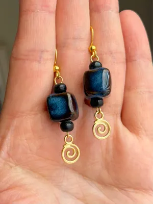 Handmade ceramic swirl chic boho retro vintage style dangle earrings💙 thumbnail 3