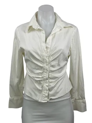 Zara Womens White Linen Long Sleeve Ruched Collared Button Down Shirt Top Size L thumbnail 1