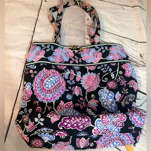 Vera Bradley Vera Tote in a black floral pattern. thumbnail 1