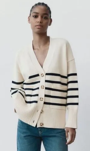 ZARA Stripe Cardigan Sweater in Ivory and Black‎ Stripes button front thumbnail 1
