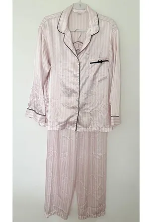 Rare VTG Y2K Victoria's Secret Pink Satin Striped Pajama Set Drawstring M -Stain thumbnail 2