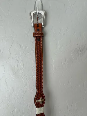 3D DDD Western Leather Tooled Cross Belt Size 36 Tan Brown White Silver thumbnail 5