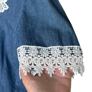 VTG 90s Y2K Blue Denim Short Sleeve Button Down Shirt L Crochet Eyelet Lace Trim thumbnail 6