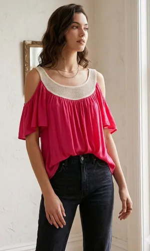 Kirra Hot Pink Cold-Shoulder Top with Cream Crochet Yoke thumbnail 1