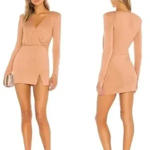 NBD Katia Mini Dress Long Sleeve Camel Jersey Stretch Low Cut Size Small Women's thumbnail 2