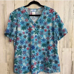 SB Scrubs Women's V-Neck Snowflake Print Medical Scrub Top Size Large Nursing thumbnail 1